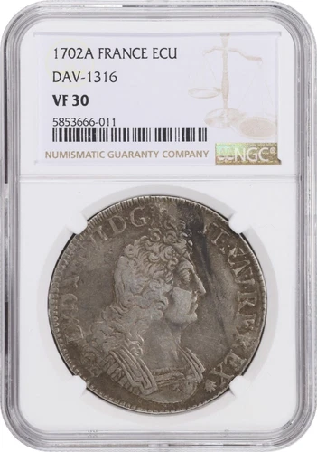 FRANCE KING LOUIS XIV  1702-A  1 ECU SILVER COIN, NGC CERTIFIED VF30, DAV-1316