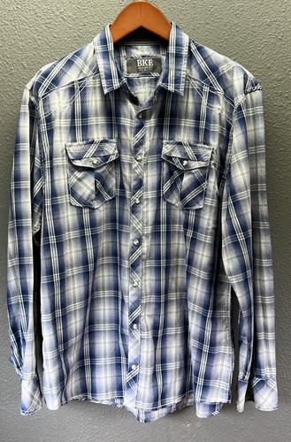 BKE Relaxed Fit Mens Long Sleeve Pearl Snap Plaid Shirt Tag Size XL white blue - 第 6/7 張圖片