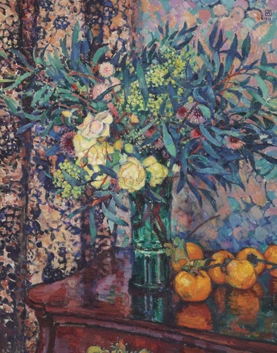 Theo Van Rysselberghe Persimmon Yellow Roses And Mimosas Canvas Print   # 6104