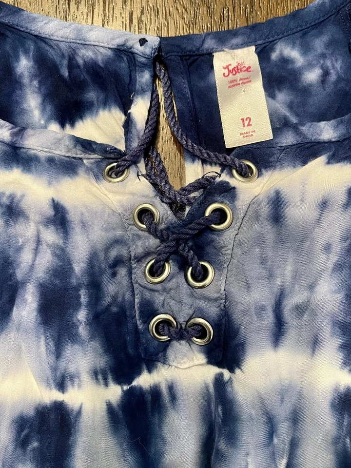 Justice галстук краситель темно-синий и белый девочек шорты Детский комбинезон оборки шнурует вверх размер 12 - Изображение 3 из 4