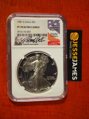 1987 S PROOF SILVER EAGLE NGC PF70 ULTRA CAMEO CHARLES VICKERS SIGNED FLAG LABEL