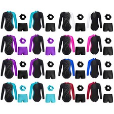 Kids Girl Set Gymnastic Dancewear Dance Outfits Shiny Leotard Long Sleeve