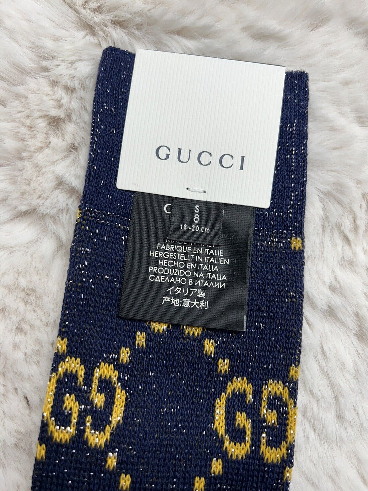 NEW Gucci 100% AUTH Women's Monogram GG Long Knee Lame Socks Blue Color  Size S