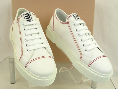 Buy MIU MIU PRADA 5E165D WHITE LEATHER METAL LOGO LACE UP PLATFORM