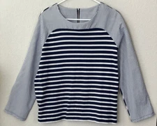 VINEYARD VINES Wms XL Navy White Mixed Stripe Long Sleeve Back Zip Top Pre-Owned