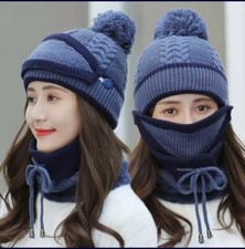 Women Winter Warm Knitted Beanie Pom Bobble Hat Cap Scarf Neck Face Cover Set