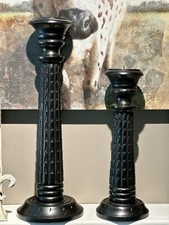 Pair of VTG High Pedestal Black Carved Wooden Pillar Candle Holders 15"  20"
