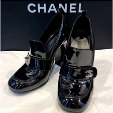 CHANEL Shoes Turnlock High-Heel Pumps Black Enamel Patent Leather Women US7.5 EX