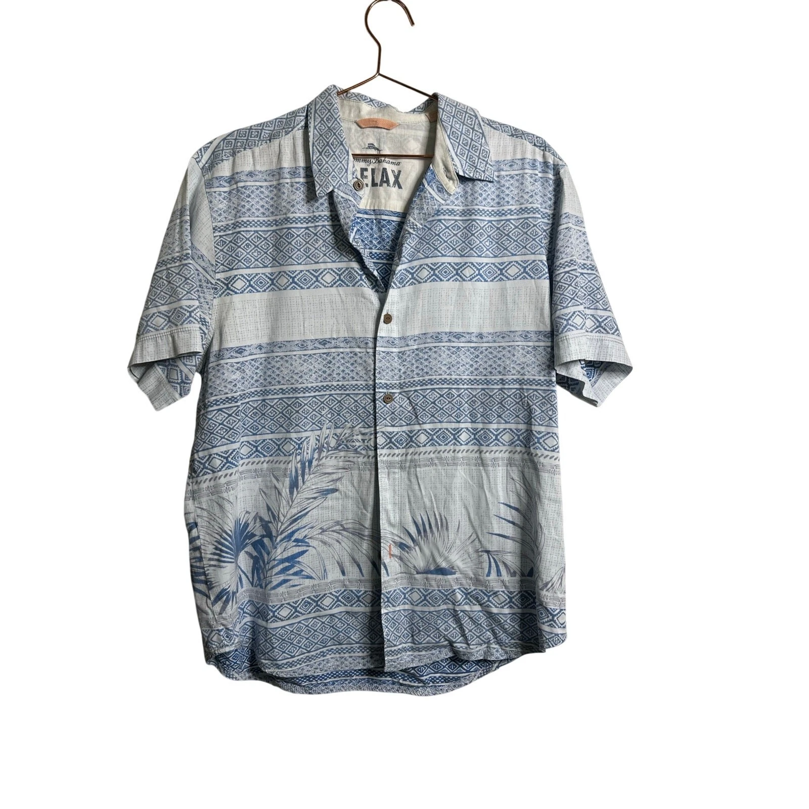 Tommy Bahama Button Downn Shirt Relax Aztec Striped Palm Leaf Blue Size Medium