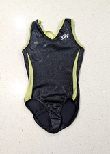 PIXELATED GK Elite Gymnastics Dance Leotard Medium Neon Yellow Metallic STRAPPY