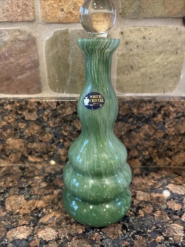 Vintage Italy White Cristal Murano Art Glass Vase Decanter Bottle-Stopper Green