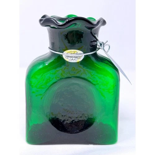 Blenko Handcraft Emerald Green Glass Water Bottle Ruffled Rim 2024 Made in USA