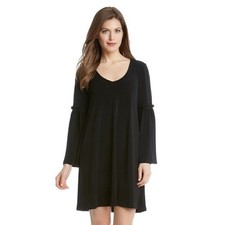Karen Kane Womens Black Bell Sleeve Ruffle Trim V-Neck Shift Dress Size L