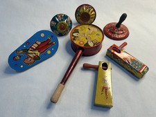 Vintage Lot of Seven Tin Litho Party Noise Makers: Kirchhof, US Metal Toy Co.
