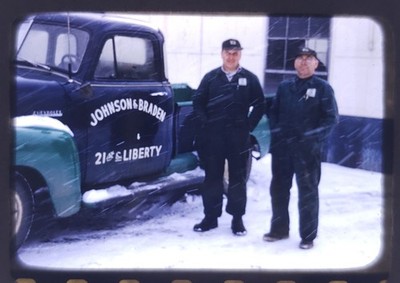 Vtg 1950s 35mm Slide - Johnson & Braden Service Station Men Erie, PA Glass Mount