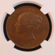 1858 Great Britain "Queen Victoria" Penny - NGC AU58 BN! Choice AU! "Britannia"