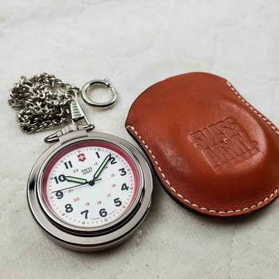 VINTAGE SWISS ARMY SWISS QUARTZ CLASSIC MEN'S POCKET WATCH W/ CHAIN, AND  CASE