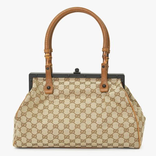 Gucci GG Canvas Bamboo Handle Handbag Gamaro Tote Bag.Brown Black111754