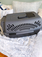 Gray Plastic Pet Crate Carrier with Wire Door and Top Handle