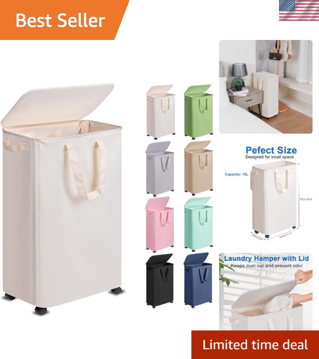With Lid And Wheels Small Rolling Basket For Bathroom Dorm 75l