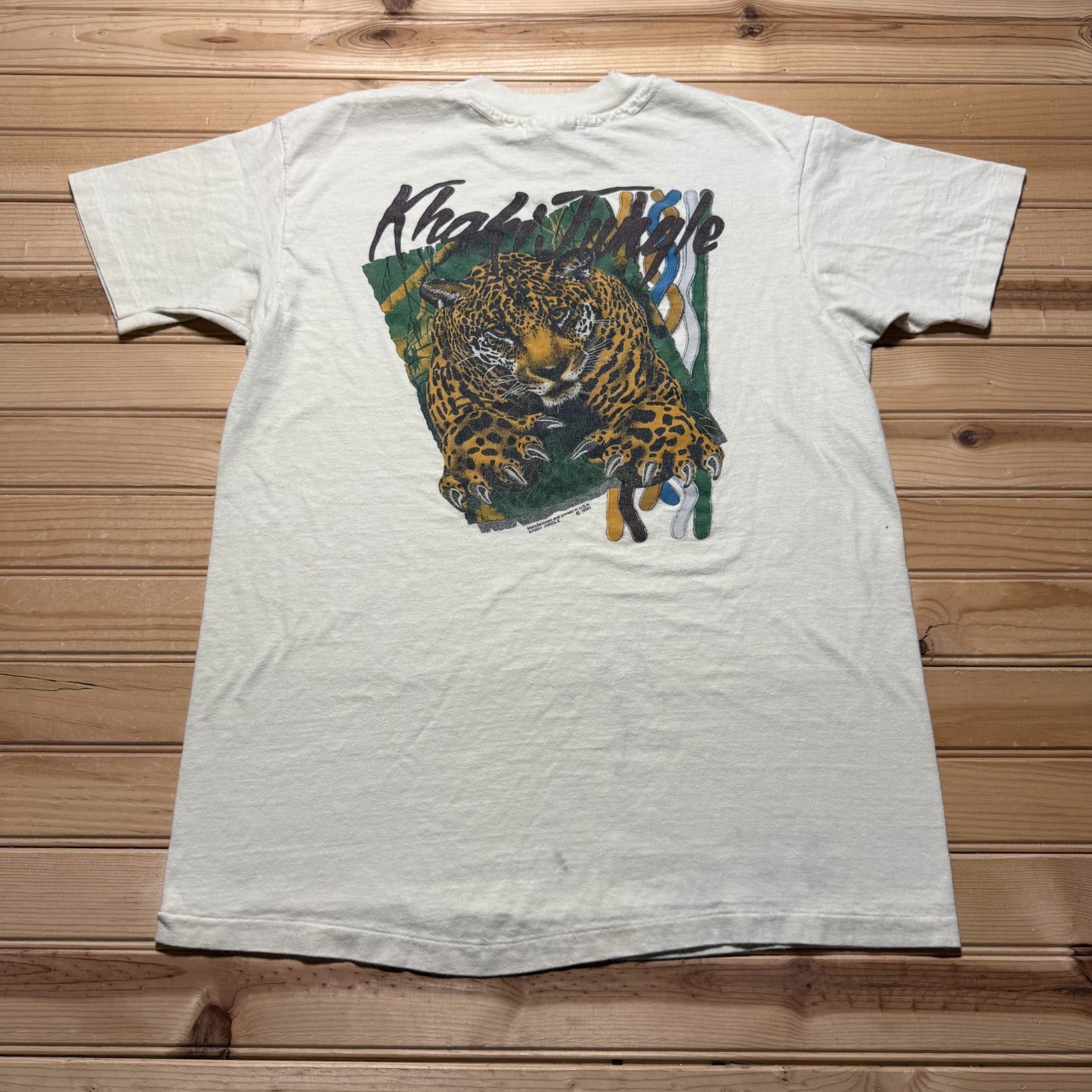 Vintage 1990 Khaki Jungle Leopard Animal Wildlife Graphic T-Shirt USA - Large