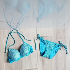 Victoria Secret ROSA Conjunto de Bikini Mujer S/M Azul Lentejuelas Push Up Halter Traje de Baño