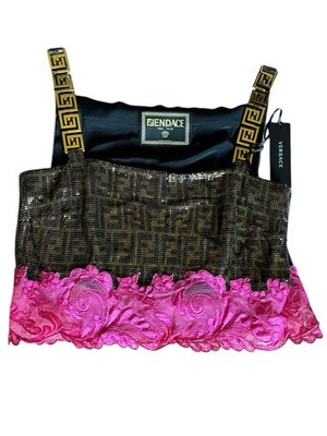 Schlitz Metallic Strick Top mit Spitze Versace Schlitze Monogram Metal Mesh FF