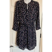 Dr2 Navy Floral Elastic/Draw String Waist 3/4 Sleeve Dress W/Pockets M