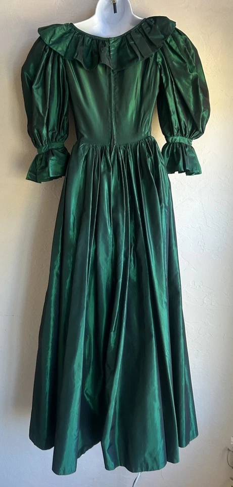 Vintage Emerald Green Taffeta Prairie Gown XXS XS Formal Holiday Romantic 70s - Image 2 of 4