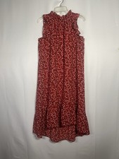 Red White Black Floral High Neck Sleeveless Ruffle Midi Trapeze Dress Size M