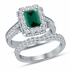 Halo 2 CT Emerald Cut Green Sapphire Lab Created 925 Silver Wedding Ring