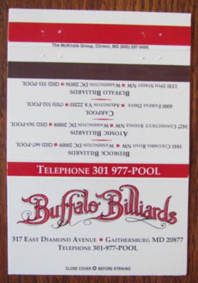 POOL MATCHBOOK COVER: BUFFALO BILLIARDS GAITHERSBURG WASHINGTON DC ARLINGTON D19