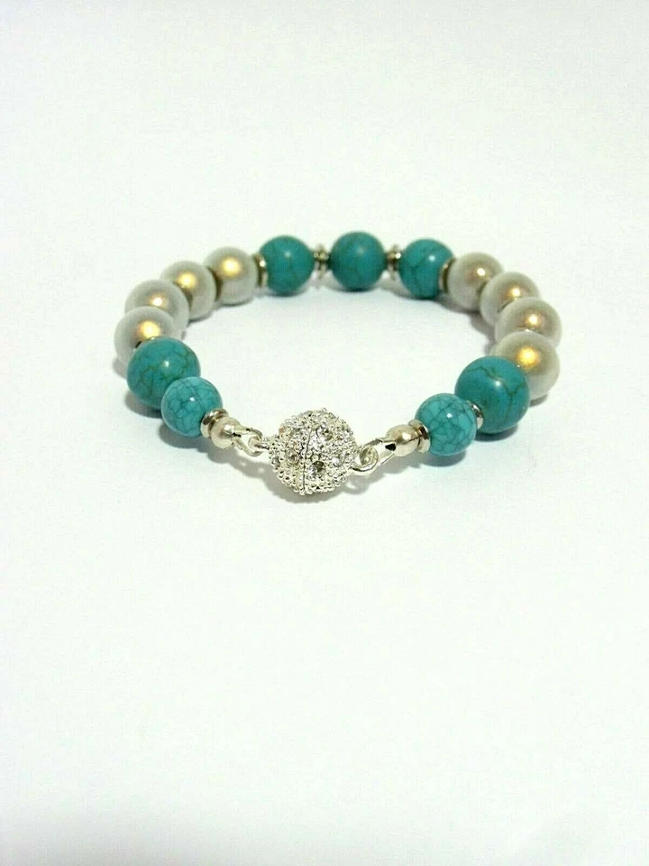 Damen Armband Miracle- Perlen und Türkis blau mit Strass Silber 18 cm  NEU - Bild 3 von 3