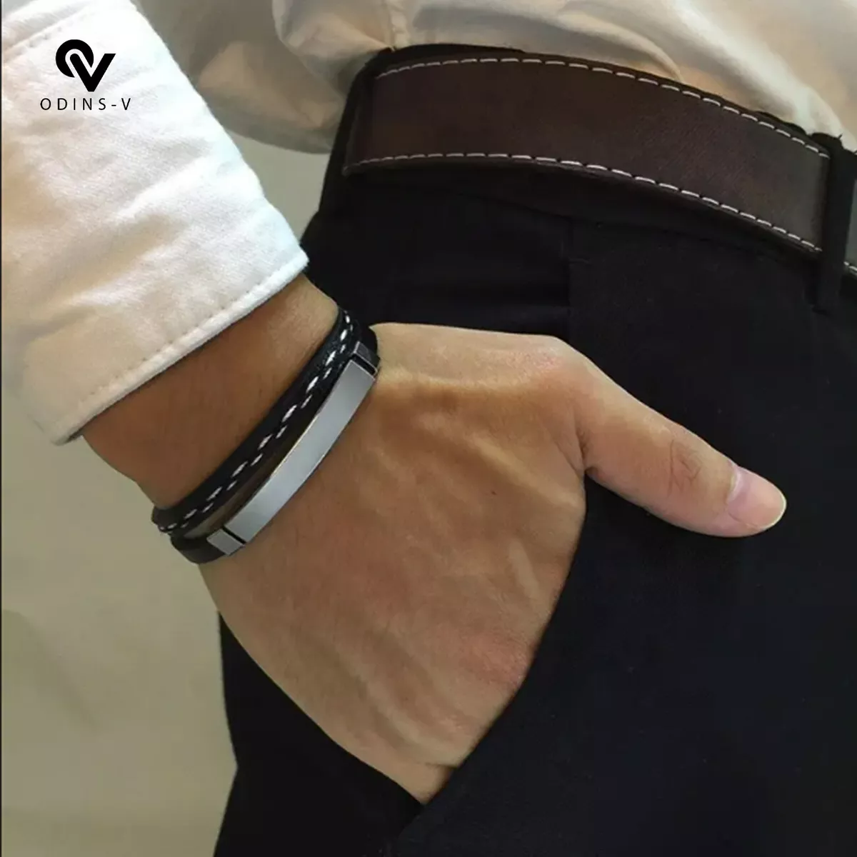 Mens leather deals and steel bracelet