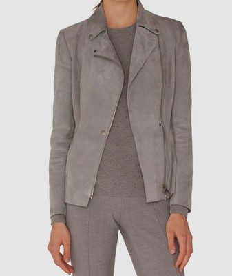 $2390 Akris Punto Women's Gray Asymmetric-Zip Suede Leather Biker Jacket Size 6