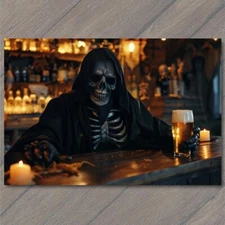 Art Print Grim Reaper Drinking Beer Bar Death Colorful Unusual Skeleton Creepy