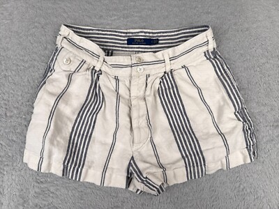 Polo Ralph Lauren Shorts Womens 2 White Blue Stripe 100% Linen Chino Button Fly