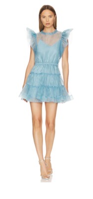 NWT $395 JONATHAN SIMKHAI Monique Organza Ruffle Sleeve Mini Dress Celeste Blue