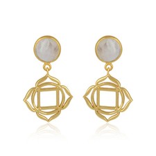 Yellow Gold On 925 Silver Moonstone Muladhara Drop Earrings Women's Jewelry