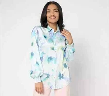 Dennis Basso Printed Woven Top w/Blouson Sleeves-Sky-Petite Medium-NEW-A681174