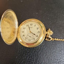 Seiko Vintage Pocket Watch Quartz Gold Plated Full Hunter 42mm Chain Japan