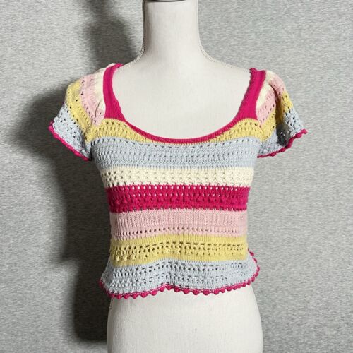 Sincerely Jules Crochet Sweater Top Womens Small Rainbow Crop Colorful Y2K Prep