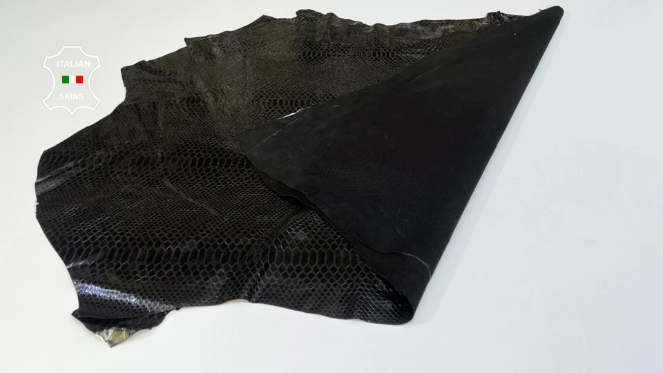 BLACK SHINY SNAKE PRINT ON Thin Soft Lambskin leather 2 skins 10+sqf 0.6mm B5021 - Image 3 of 4