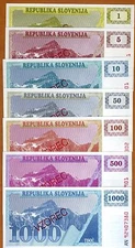 SPECIMEN SET, Slovenia, 1-5-10-50-100-500-1000 (Tolarjev), 1990-1992, UNC