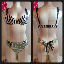 Rare ✨️ Vtg Sexy Little Things Satin Bra/ Panty Set 34B/med - Floral/ Stripes