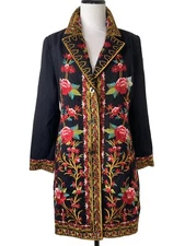 PAPARAZZI BY BIZ Jacket Black Twill Floral Roses Embroidered Boho Coat  S,M,L,XL