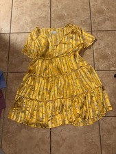 Urban outfitters Yellow Blue Floral Striped Tiered Fit & Flare Dress V-Neck M