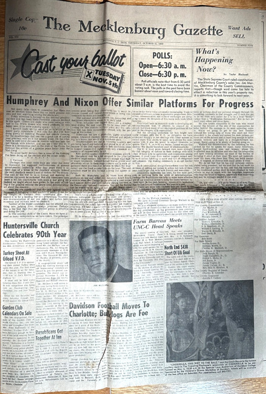 Mecklenburg Gazette newspaper 10/31/1968 Davidson, Huntersville & Cornelius, NC