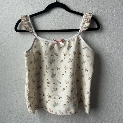 Vintage 2000s/ Y2K Woman's Butter Yellow Floral Blouse with Ruffles (Large)