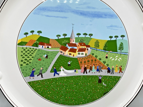 Plato/bandeja para pasteles de porcelana Villeroy & Boch con asas escena de boda 12" firmado - Imagen 3 de 8